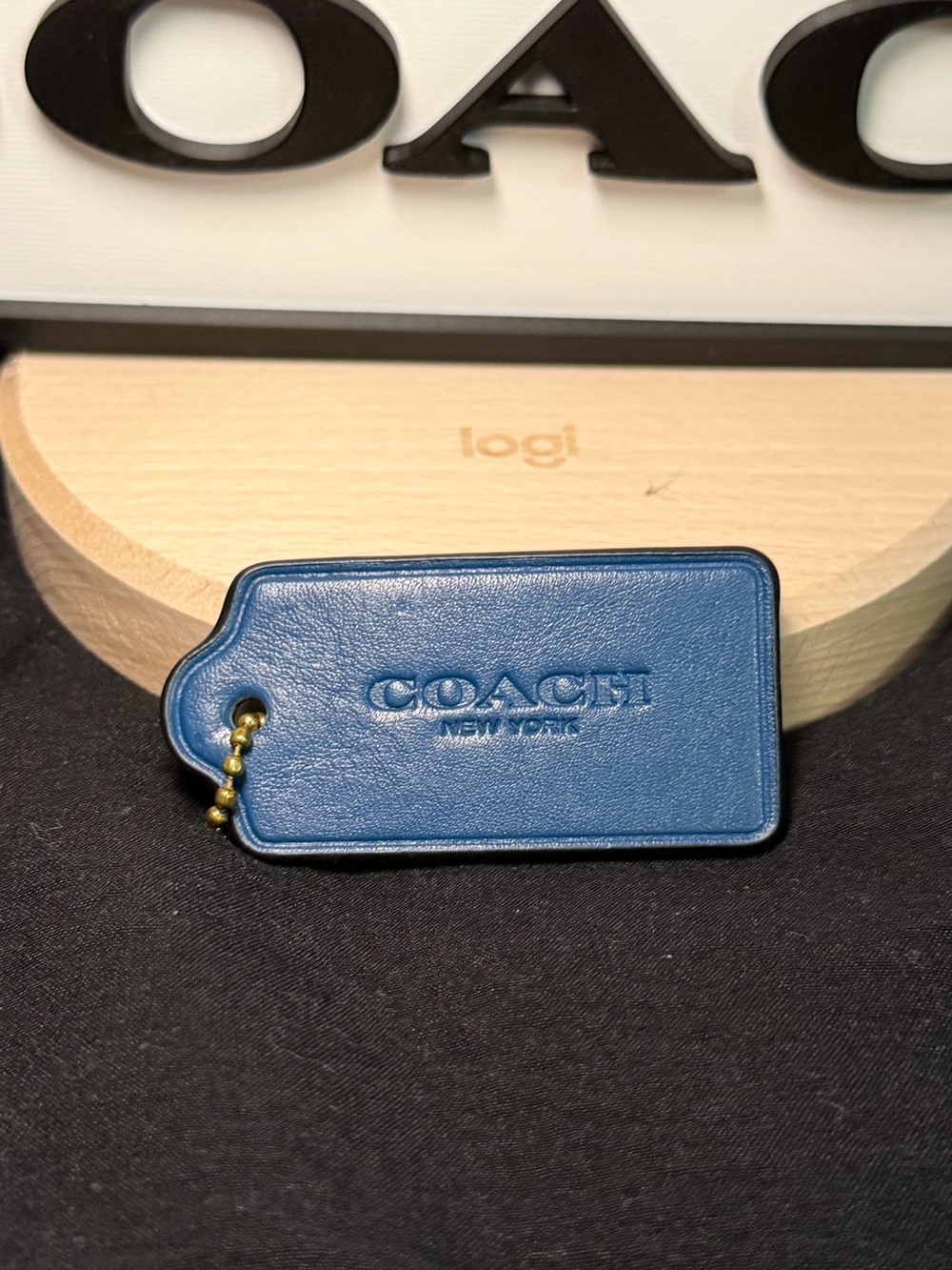 Coach Blue Leather Hang Tag Fob COACH NEW YORK Embossed Gold Ball Chain